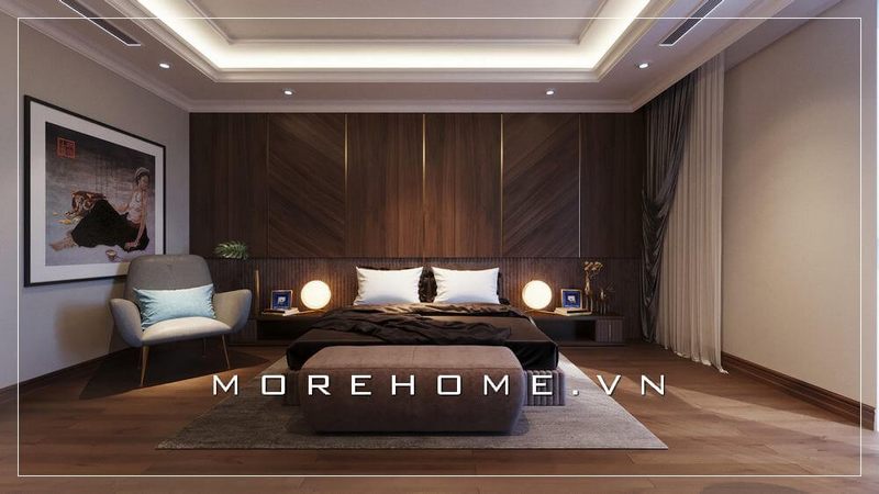 Giường ngủ 2 người phong cách hiện đại, phần đầu giường thiết kế kích thước lớn tạo cảm giác thoải mái và thư giãn hơn